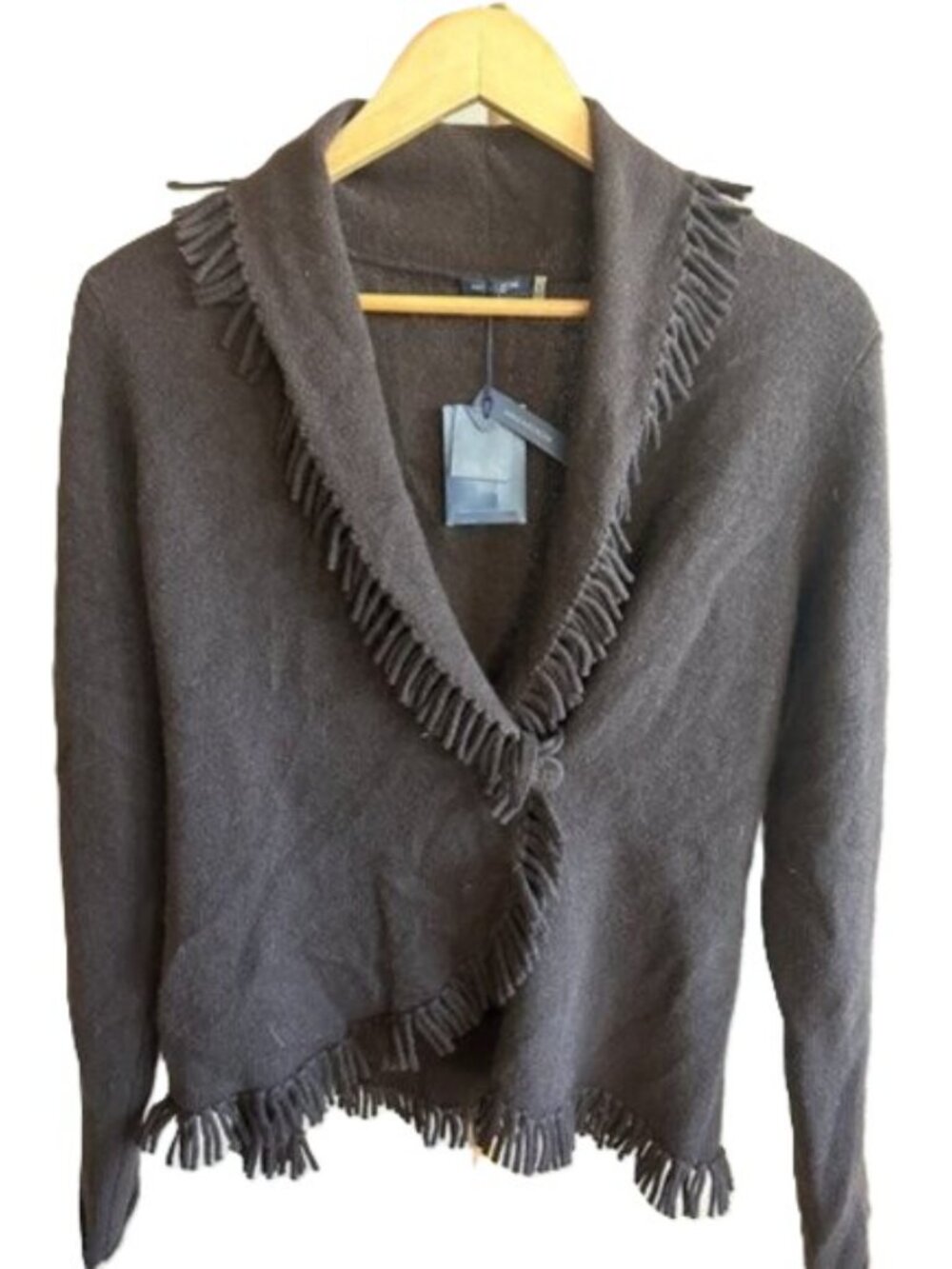 Magaschoni 100% Cashmere Wrap Sweater Brown Fringe Shawl Collar M BNWT